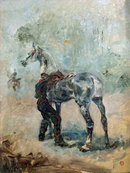Artilleur sellant son cheval