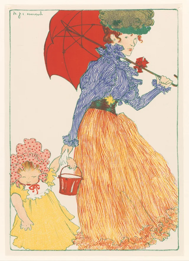 Mulher de sombrinha vermelha segurando uma menina pelo braço, Henri Evenepoel