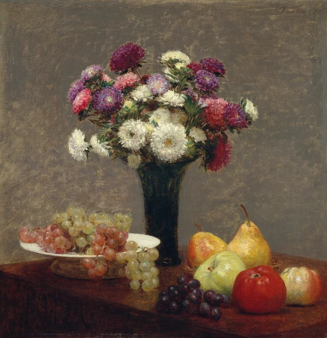 Ásteres y frutas sobre una mesa, Henri Fantin-Latour