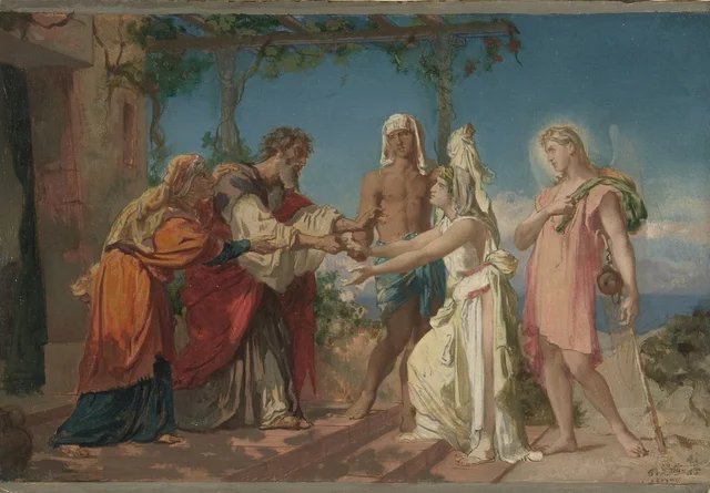 Tobie amène sa fiancée Sara dans la maison de son père, Tobit, Henri Lehmann