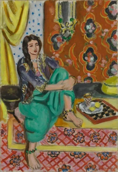 Odalisque assise, genou gauche replié, fond ornemental et damier — Henri Matisse