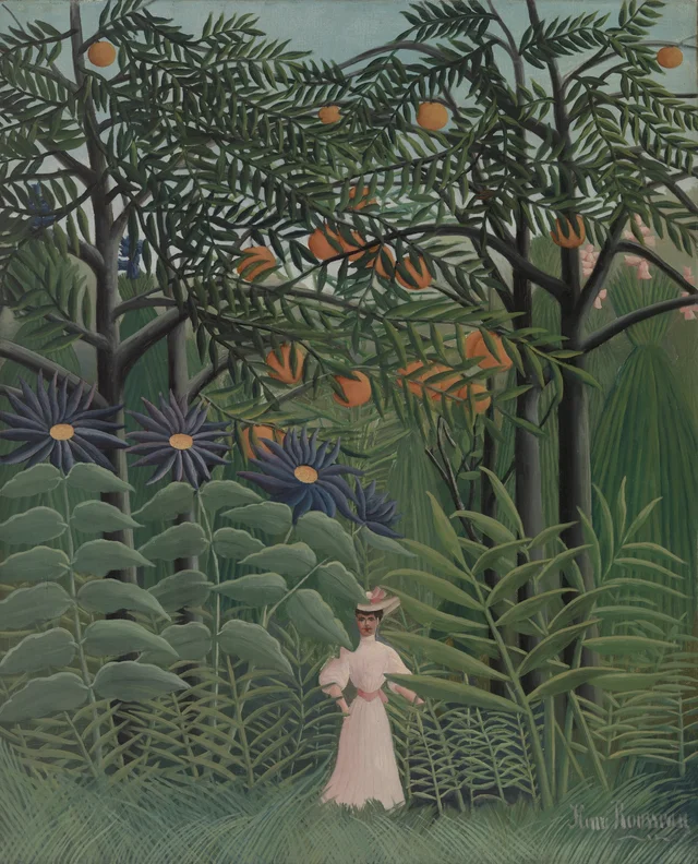 Mujer paseando por un bosque exótico