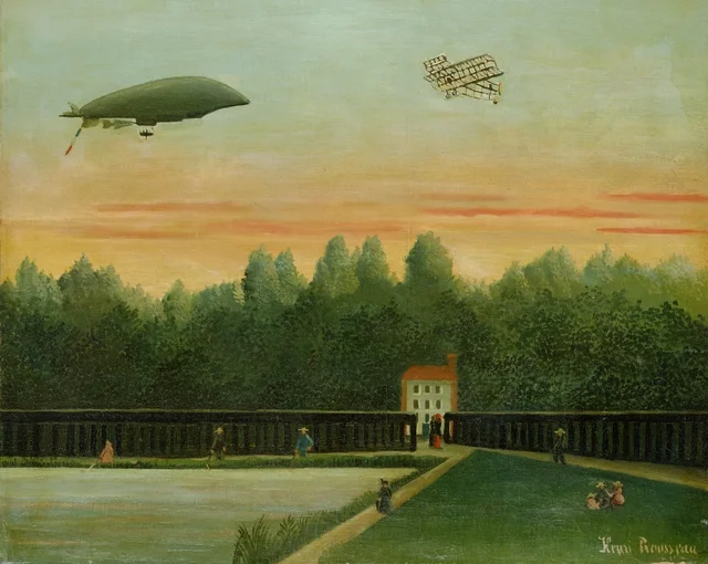 Paisaje con el dirigible República y un avión Wright