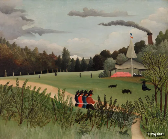 Paysage et quatre jeunes filles