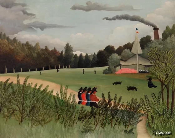 Paysage et quatre jeunes filles