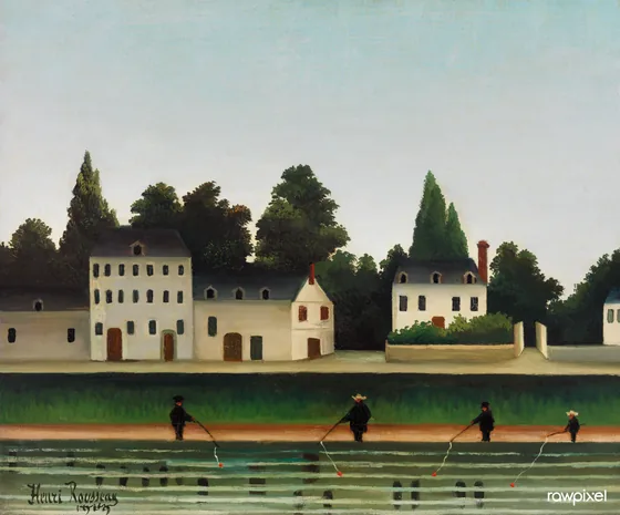 Paysage et quatre pêcheurs à la ligne