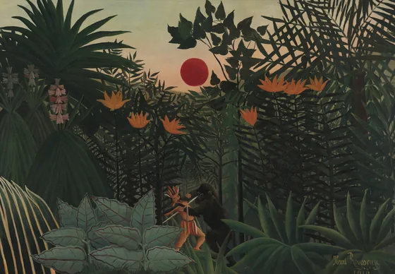 Paysage tropical : lutte de l'Indien et du gorille