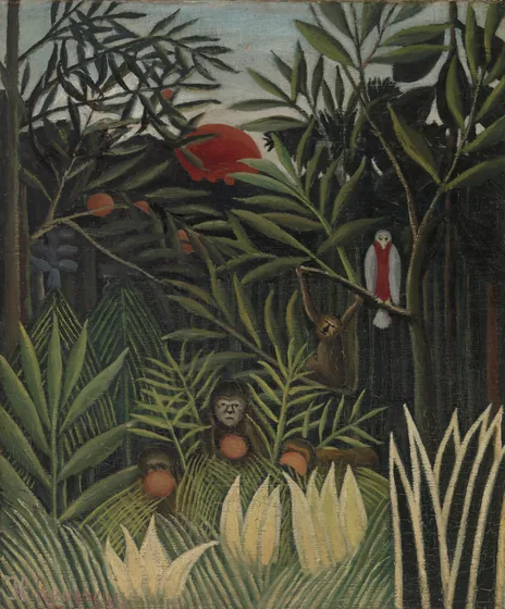 Singes et perroquet dans la forêt vierge