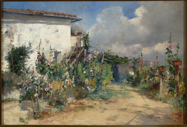 House with a Garden of Hollyhocks
