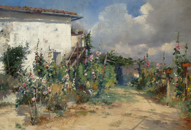 Casinha com jardim de malvas-rosa