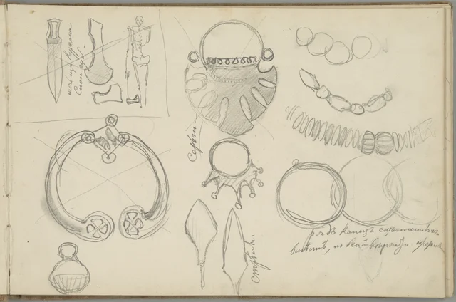 Sketchbook, folio 1: ornaments and weapons for “Funeral of a Noble Rus”