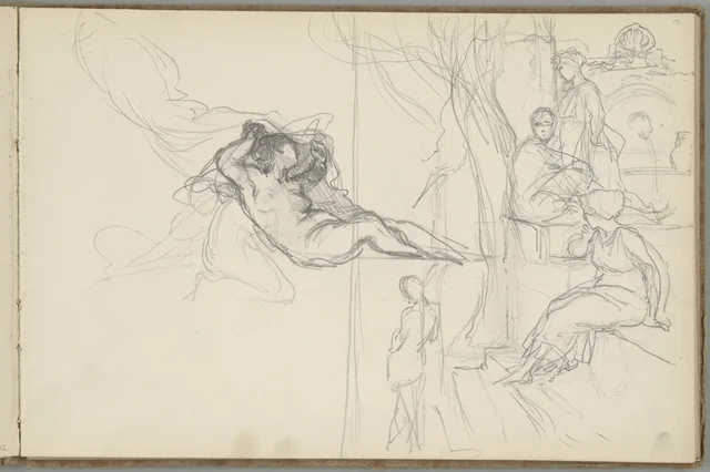 Sketchbook, folio 13: figure for the ceiling “Aurora” and study for “The Overheard Rendezvous”