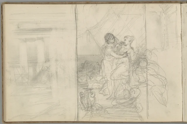 Sketchbook, folio 20: an embracing couple on a terrace