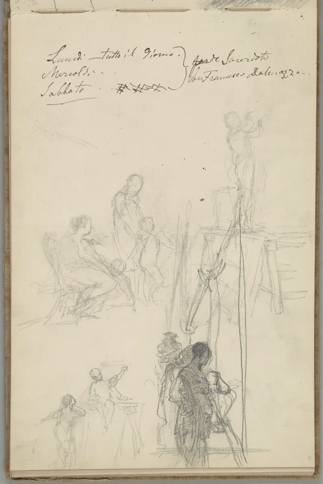 Sketchbook, folio 24: various sketches, figures with a cupid and on scaffolding
