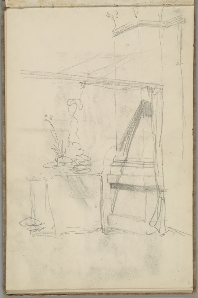 Sketchbook, folio 27: an interior with a pillar and a curtain