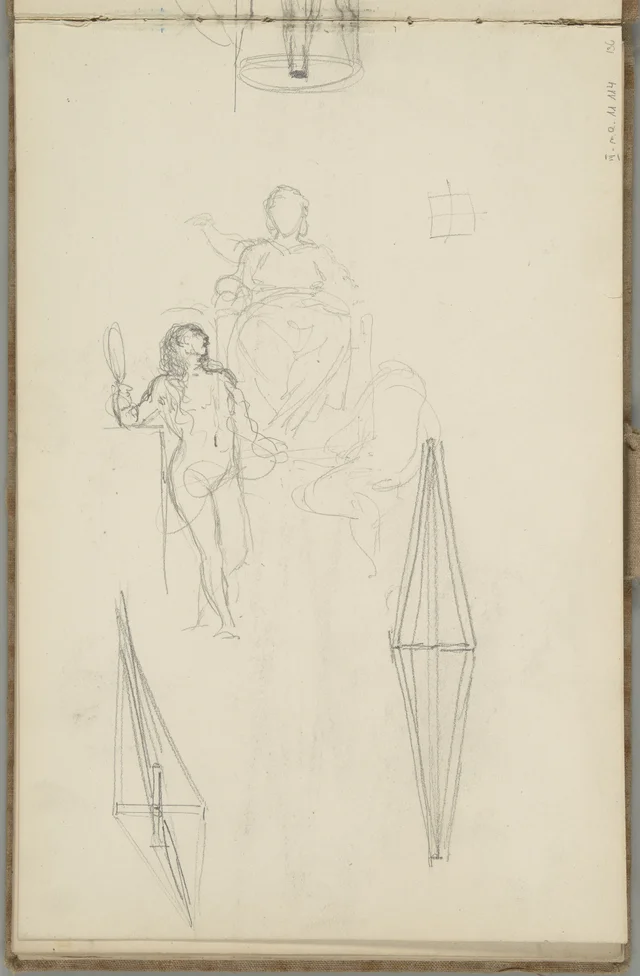 Sketchbook, folio 36: female figures and sections of a wooden cylinder
