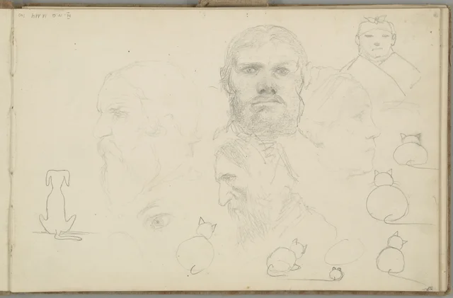 Sketchbook, folio 40: heads of bearded men, cats and a dog