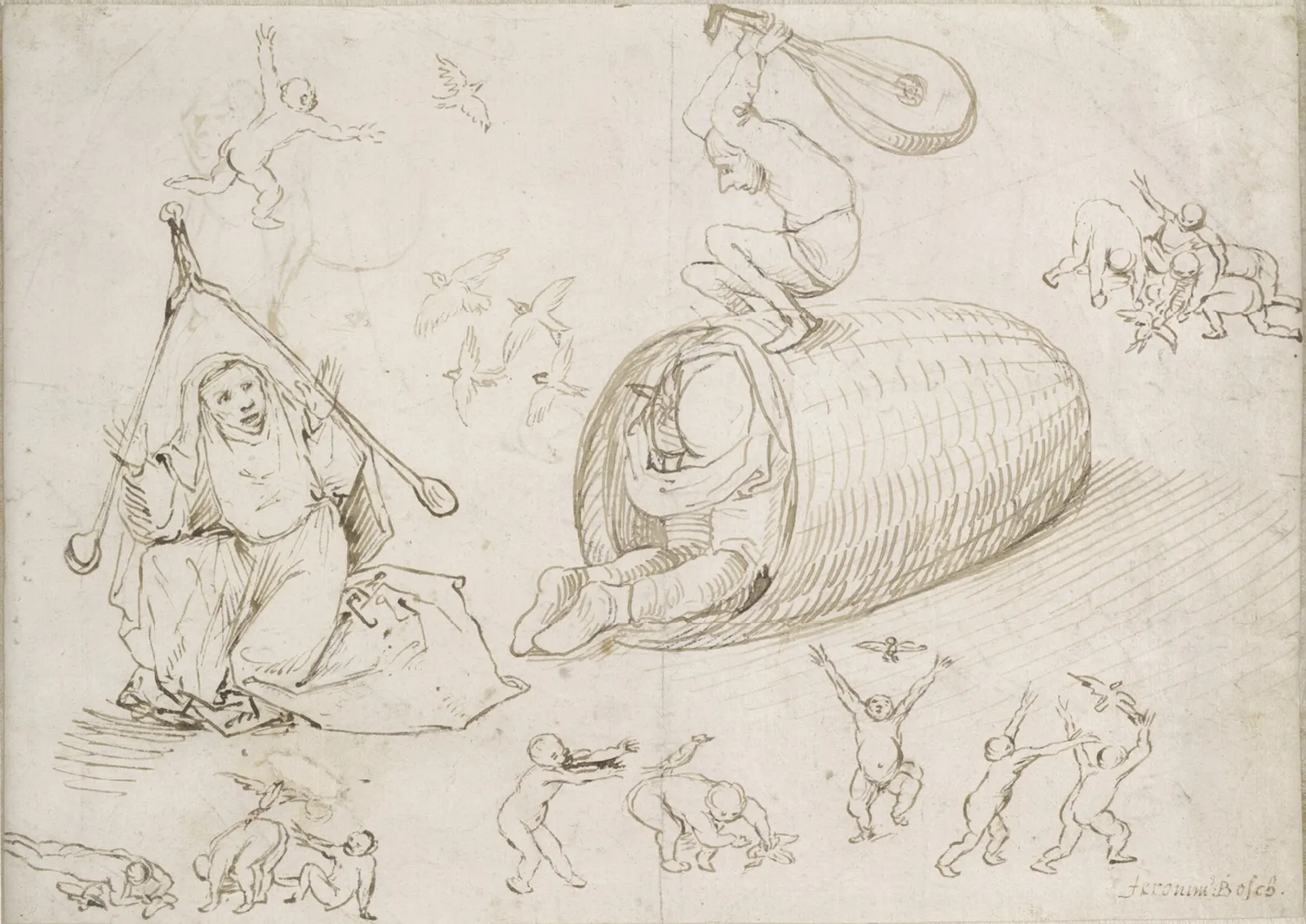 Man in basket, old woman with pliers and children, Hieronymus Bosch