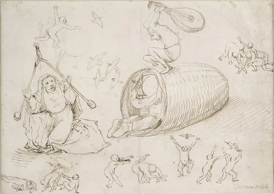 Man in basket, old woman with pliers and children