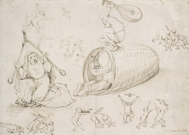Hombre en una cesta, anciana con unas tenazas y niños, Hieronymus Bosch