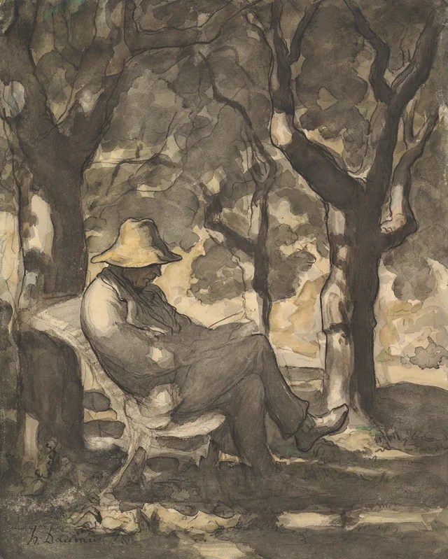 Un hombre leyendo en un jardín (recto); estudio preparatorio (verso)