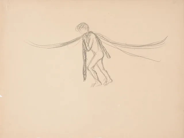 左へ力を込めて花綱を肩にかつぐ少年（タンペレ大聖堂の絵のための下絵）