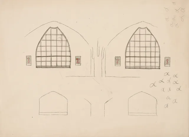 北の二階席の窓とINRI、文字はまだ最終形でない（タンペレ大聖堂のステンドグラスのための下絵）