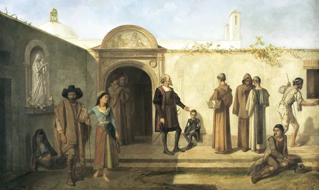 Cristóvão Colombo e seu filho Diego pedem hospitalidade no convento franciscano de Santa María de La Rábida, Ignacio Merino