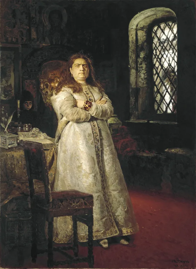 A tsarevna Sofia Alekseievna um ano após sua reclusão no convento de Novodevitchi, durante a execução dos streltsy e a tortura de todos os seus criados em 1698, Ilya Répine