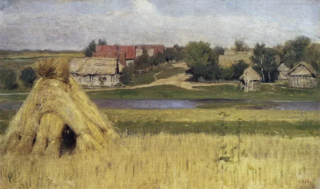 Sheaves and a Village across the River, Isaac Levitan