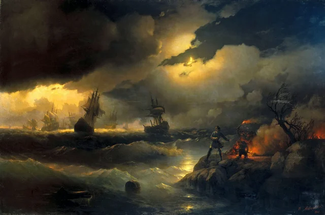 Pedro I en Krásnaya Gorka encendiendo una hoguera en la orilla para avisar a sus barcos en peligro, Ivan Aïvazovski