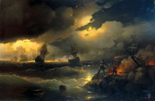Pierre Ier à Krasnaïa Gorka allumant un feu sur le rivage pour avertir ses navires en perdition