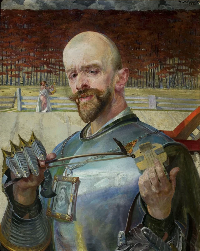 Autorretrato de armadura com um pequeno violino