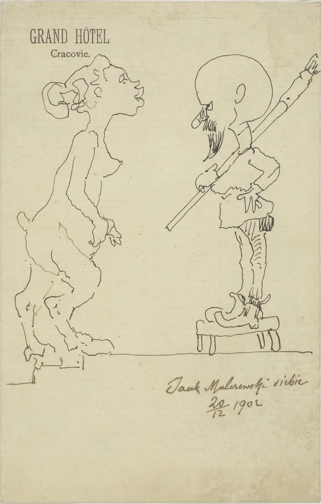 Caricatura de Jacek Malczewski com uma faunesa, desenho frente e verso