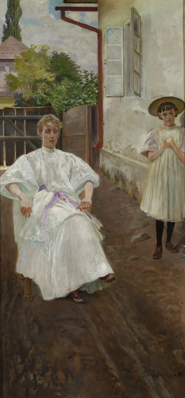 Devant la maison, la femme et la fille de l'artiste