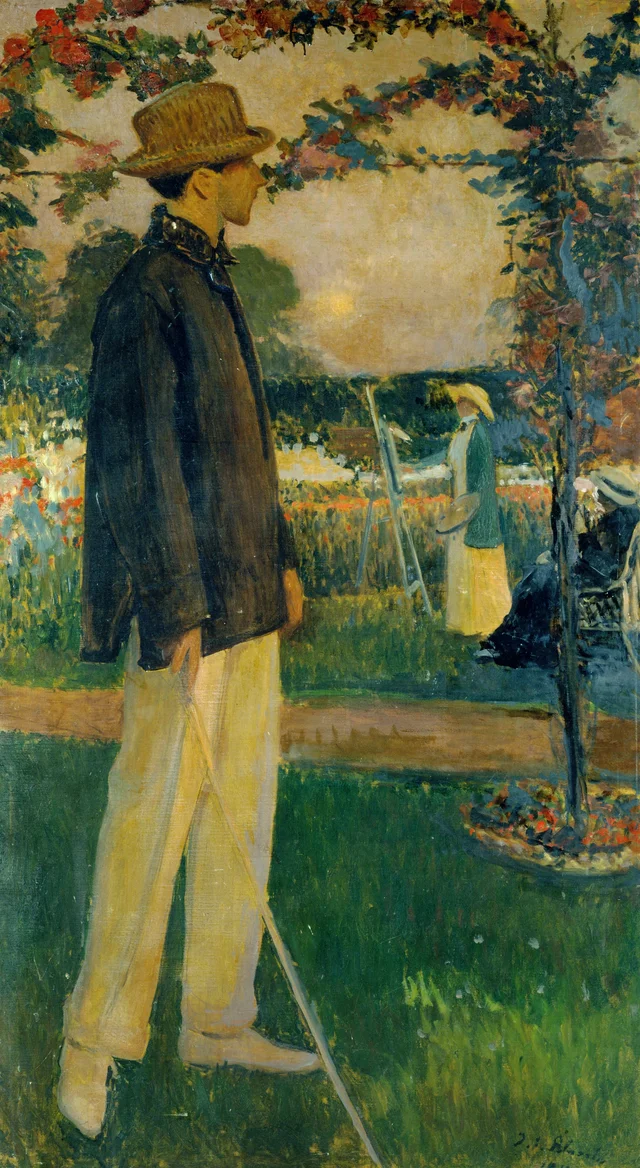 Portrait de Jean Cocteau (1889-1963), écrivain, dans le jardin d'Offranville, Jacques-Émile Blanche