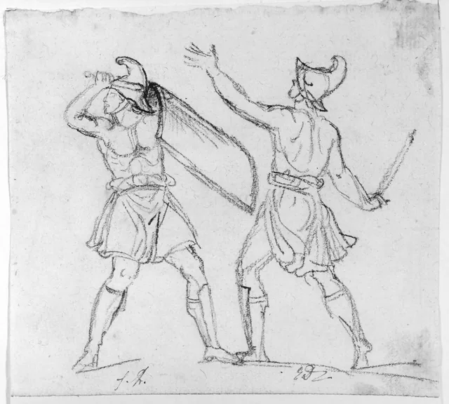 Two warriors fighting in ancient dress