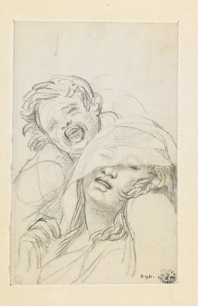 Child crying beside a fainting young woman, her face half veiled, Jacques-Louis David