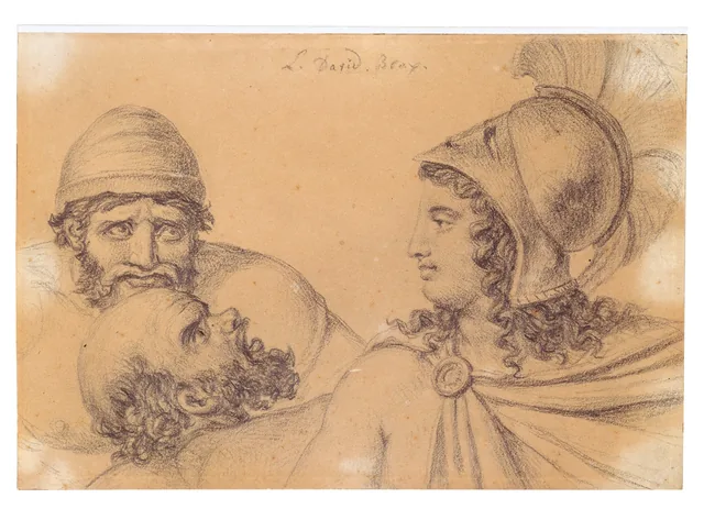 Helmeted Warrior with two bearded Men, Jacques-Louis David