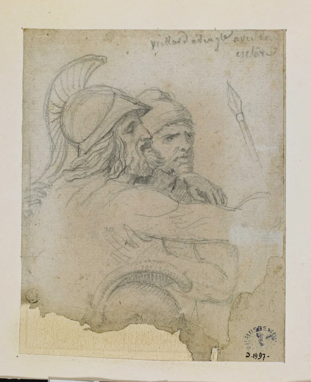 Blind Greek warrior, bust-length, leaning on a Helot, tip of a spear and helmet (recto)