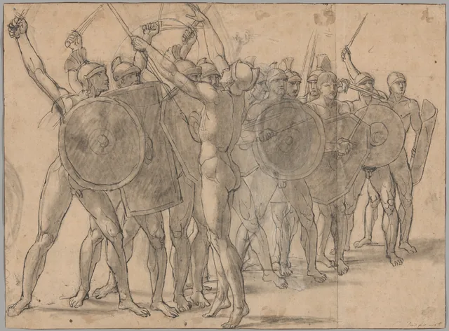 Nude Soldiers Gesticulating with Their Weapons (recto); Two Drapery Studies for the Figure of Tatius (verso)