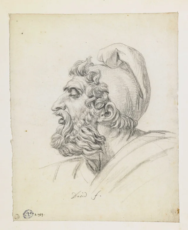 Head of a bearded man wearing a Phrygian cap, mouth open, in profile to the left