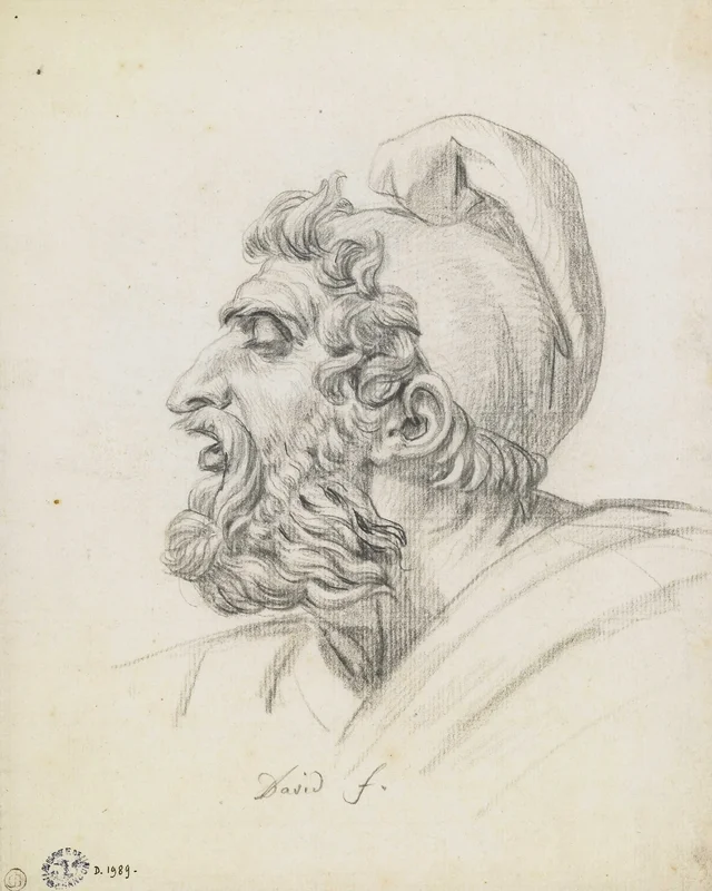 Head of a bearded man wearing a Phrygian cap, mouth open, in profile to the left, Jacques-Louis David