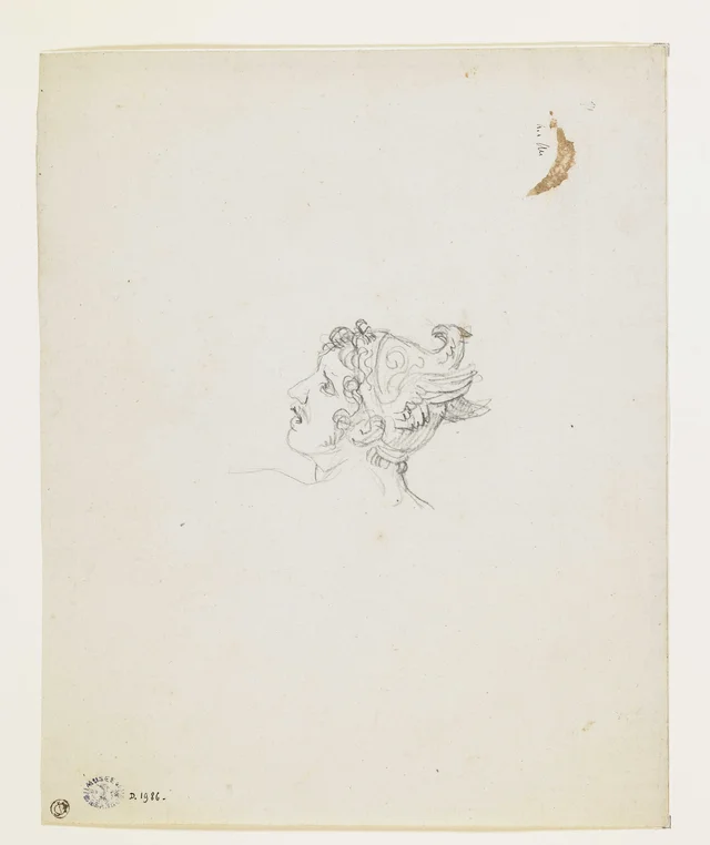 Head of a man wearing a winged helmet, raised toward the left, Jacques-Louis David