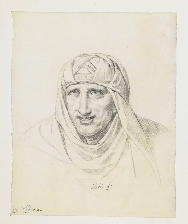 Head of a turbaned man, seen almost from the front, eyes raised