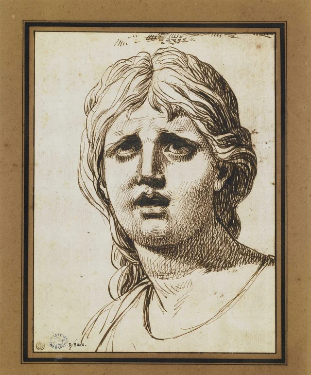 Head of a woman seen from the front, mouth slightly open, eyes raised