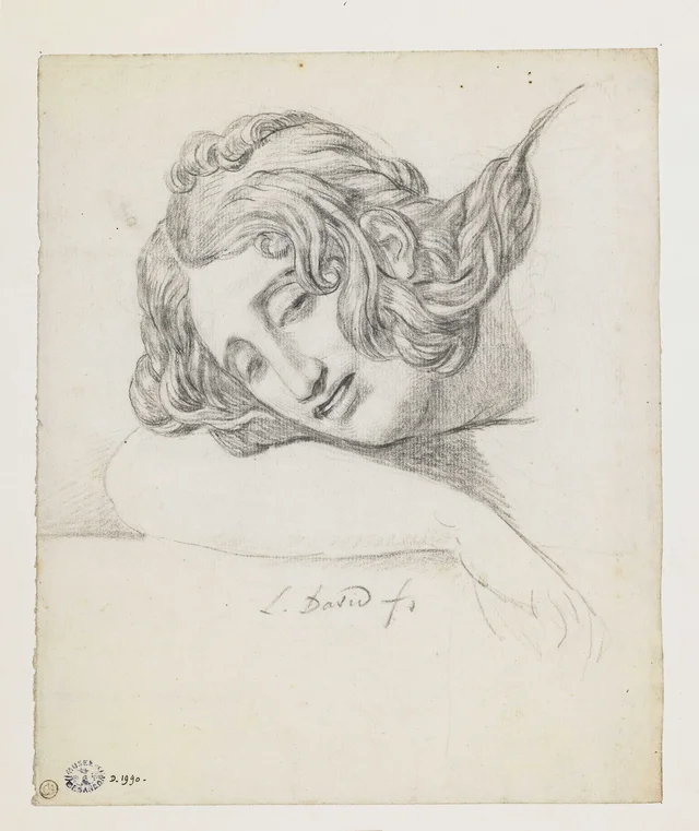 Head of a young woman, three-quarter view to the left, resting on her right forearm