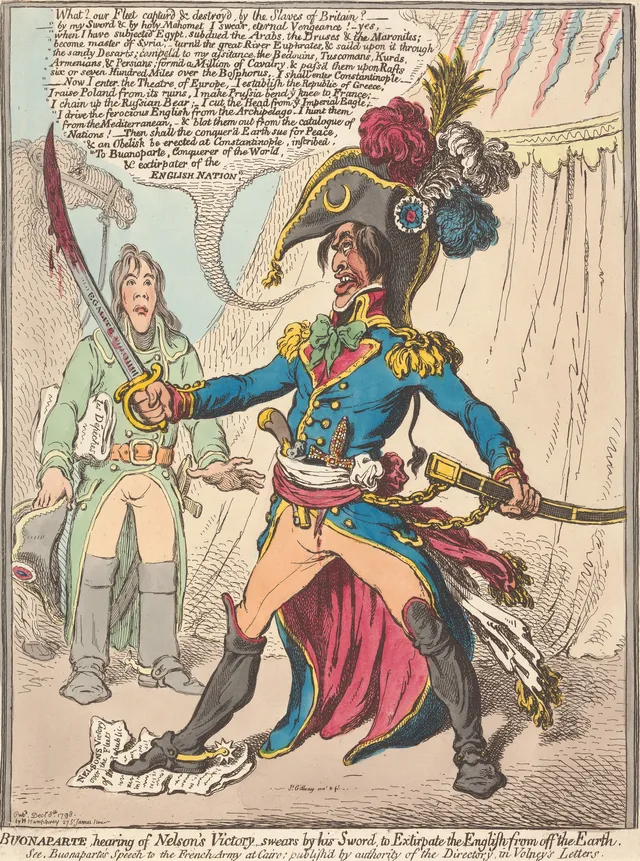 Buonaparte, apprenant la victoire de Nelson, jure sur son épée d'extirper les Anglais de la surface de la Terre