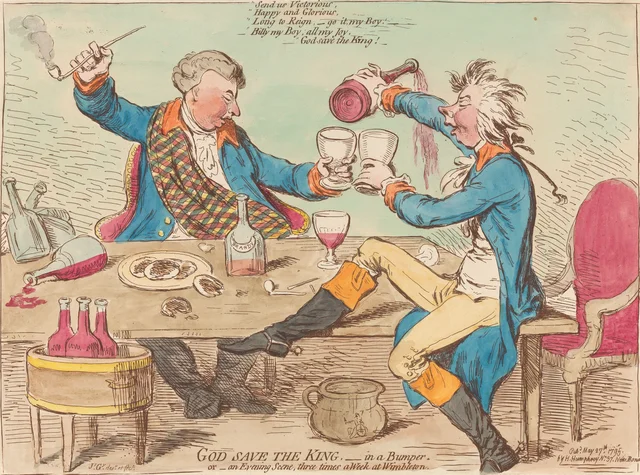 Dios salve al rey, a copa llena, o una escena nocturna tres veces por semana en Wimbleton, James Gillray