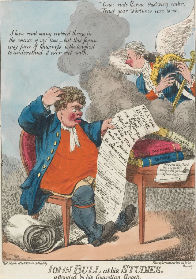 John Bull en sus estudios, asistido por su ángel de la guarda, James Gillray